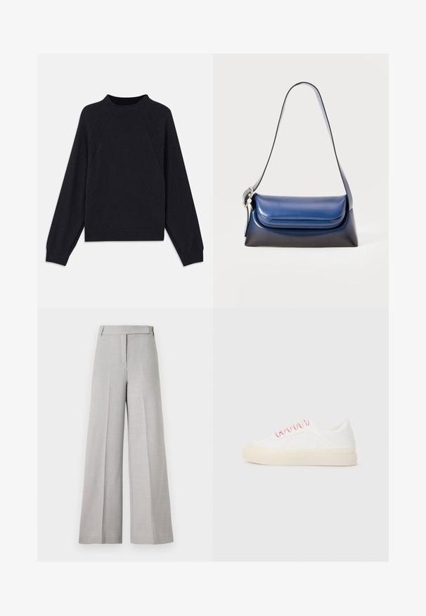 Mørk marinblå genser med rund hals, lange raglanermer, ribbestrikkede mansjetter og rett fald. Laget av et mykt, teksturert strikkemateriale.; Lys grå vide bukser med en glat tekstur, der har en skræddersyet talje og en forkant for et poleret look.; Hvite sneakers med rosa snører, med et glatt skinn-design, rund tå, og en beige gummisåle, inkludert sømdetaljer.; Marineblå lærveske med en glatt overflate, med en avrundet form, foldet topp og en enkelt skulderrem. Sølvfarget detaljer er inkludert.
