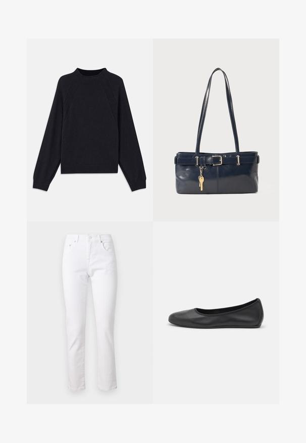 Tamsiai mėlynas megztukas su apvaliu iškirpimu, ilgomis raglan rankovėmis, rausvais rankogaliais ir tiesiu apatine dalimi. Pagamintas iš minkštos, tekstūruotos megztos medžiagos.; Balti džinsai su tiesia kojų forma, penkiomis kišenėmis ir metaliniu uždarymu, pasižymintys lygiu paviršiumi ir minimaliais siūlės elementais.; Juodai odiniai baletai su apvaliu pirštu, lygi texture, minimalus siuvimo detales ir lanksčiu padų dizainu.; Jūrinės odos rankinė su dviem ilgais rankenomis, sagties detalė ir pridėtas raktų pakabukas. Turi lygią tekstūrą ir stačiakampio formą.