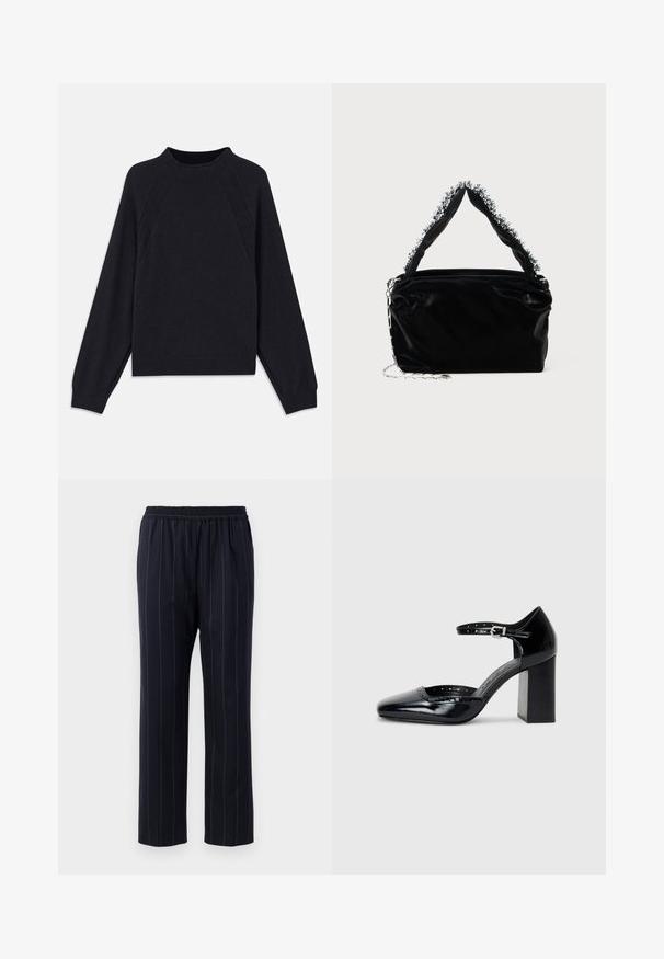 Pulover în nuanță închisă de navy, cu guler rotund, mâneci lungi tip raglan, manșete ribbate și tiv drept. Fabricat dintr-un material tricotat moale și texturat.; Pantaloni bleumarin cu dungi verticale, talie elastică, design cu picior drept, textură netedă și fără buzunare vizibile.; Pantofi cu toc înalt din piele lăcuită neagră, cu vârf pătrat, curea pentru gleznă și toc gros. Include detalii perforate de-a lungul marginii.; Geantă din piele sintetică neagră cu un finisaj texturat, având un accent din mărgele argintii de-a lungul mânerului de sus și o curea din lanț.