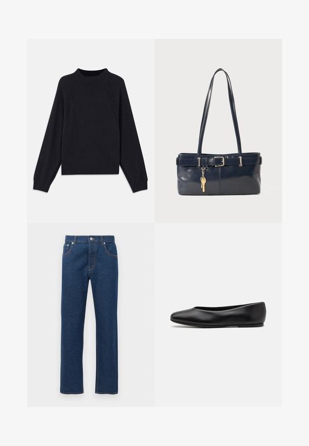 Suéter azul marino oscuro con un escote redondo, mangas largas estilo raglán, puños acanalados y un dobladillo recto. Confeccionado en un material de punto suave y texturizado.; Jeans de denim oscuro rectos con bolsillos delanteros y traseros, trabillas para cinturón, cierre de botón y costuras naranjas visibles.; Paul Smith TOPANGA - Bailarinas - black; Bolso de mano de cuero navy con dos asas largas, un detalle de hebilla y un llavero adjunto. Presenta una textura suave y una forma rectangular.