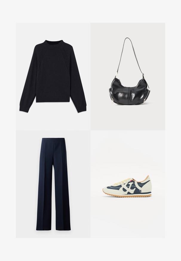 Temno modra majica s krožnim izrezom, dolgimi raglan rokavi, rebrastimi manšetami in ravnim robom. Narejena iz mehke, teksturirane pletene tkanine.; Hlače širokega kroja v temno modri tkanini, z gladko teksturo, diskretno sprednjo gubo in prilegajočim pasom za eleganten videz.; Teniske z mešanico kremne, mornarsko modre in semišne tkanine, zasnova z vezalkami, diagonalne šive in gumijastim podplatom z oprijemom.; Črn usnjen torbica v obliki polmeseca z zlatimi zadrgami na obeh straneh in eno naramnico.