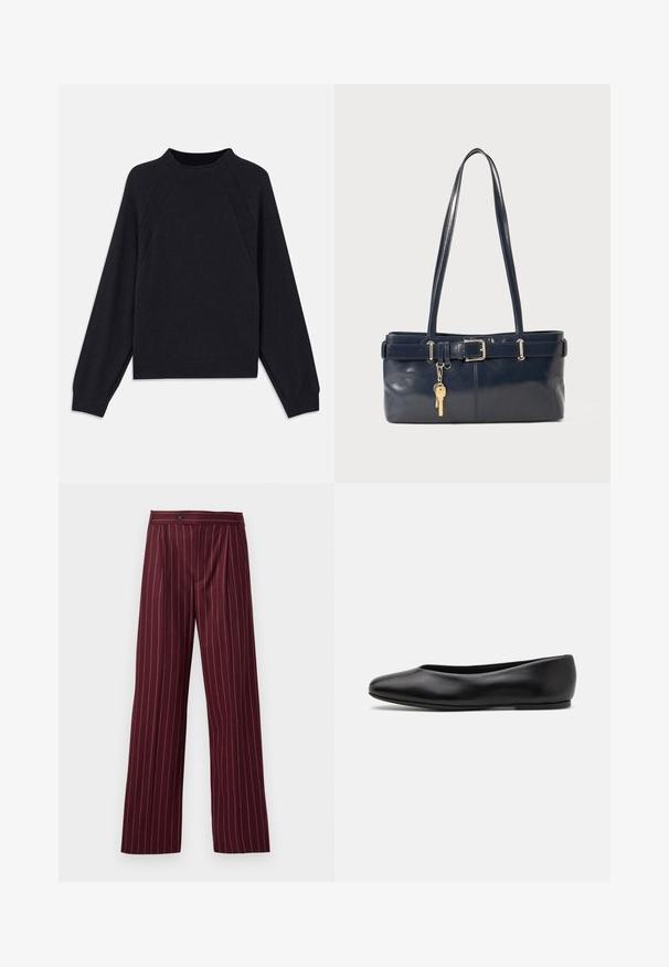 Tumši zilas krāsas džemperis ar apaļu kakla izgriezumu, garām raglanu piedurknēm, ribotām aprocēm un taisnu apakšu. Izgatavots no mīksta, teksturēta adījuma materiāla.; Burgundijas platās bikses ar svītru rakstu, ar izšūtiem priekšējiem krokām un pogu aizdari, izgatavotas no gludas auduma ar strukturētu dizainu.; Paul Smith TOPANGA - Balerīnas laiviņas - black; Jūras spēku stila ādas rokassoma ar divām garām rokturiem, ar sprādzi un pievienotu atslēgu piekariņu. Iezīmējas ar gludu tekstūru un taisnstūra formas.