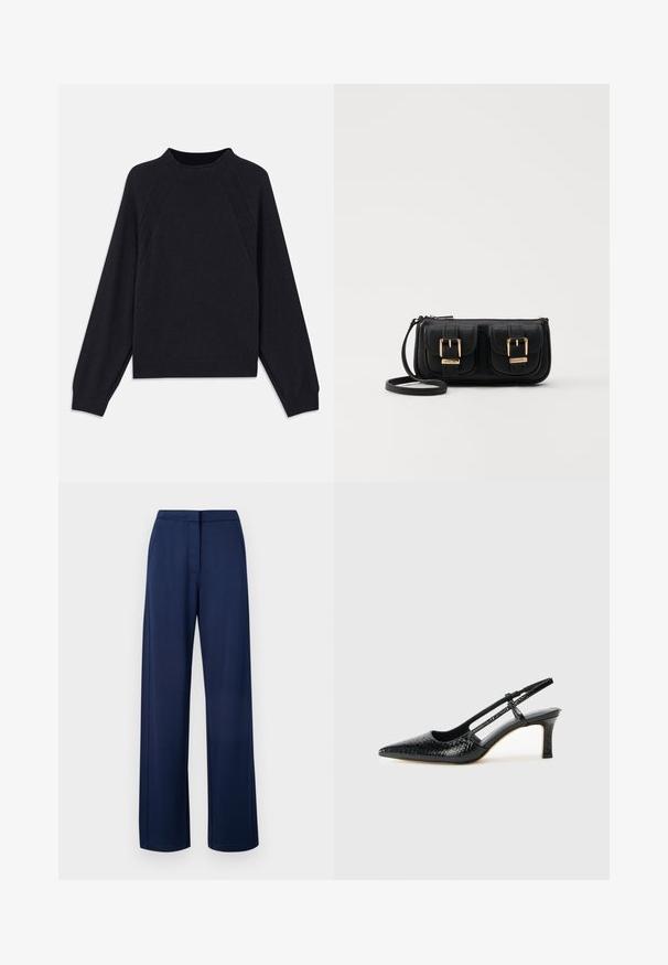 Mørk marinblå genser med rund hals, lange raglanermer, ribbestrikkede mansjetter og rett fald. Laget av et mykt, teksturert strikkemateriale.; Marineblå, vidbukser laget av myk, elastisk stoff, med en glatt midjebånd og diskrete sidelommer.; Sorte patent slingback hæl med spids tå, featuring tekstureret slangeskind, justerbar rem og en kort, tekstureret blokhæl.; Svart skinn crossbody veske med to frontlommer, gyldne spenner, glidelåslukking og en slank stropp. Teksturert overflate og kompakt rektangulær form.