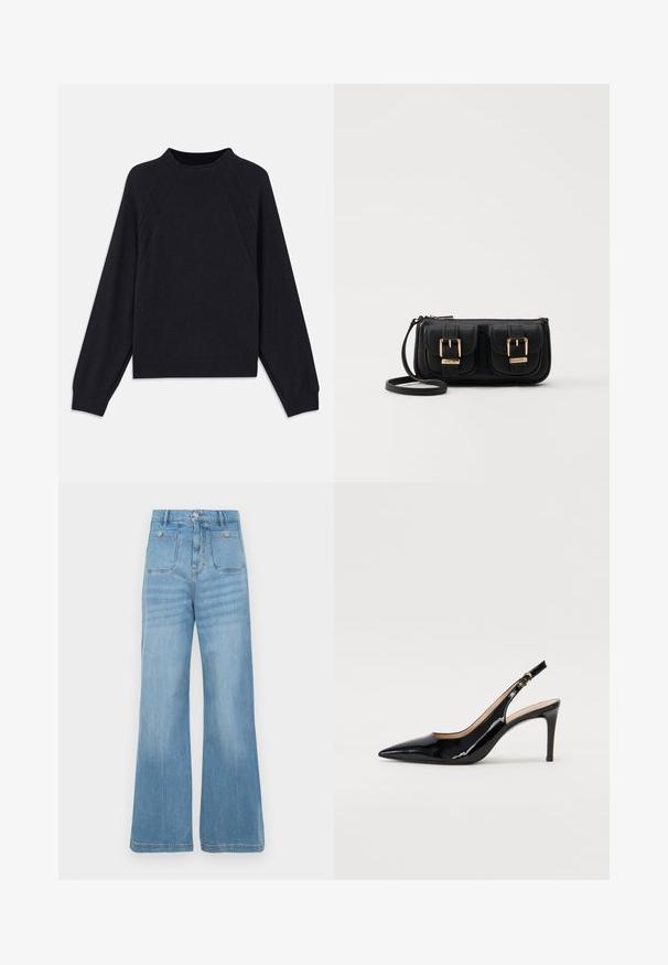 Tamno plavi pulover s okruglim izrezom, dugim raglan rukavima, rebrastim manžetama i ravnim donjim rubom. Izrađen od mekog, teksturiranog pletenog materijala.; Svijetloplave traperice širokih nogavica, s dva prednja i dva stražnja džepa, završene s nerazrezanim rubom i zatvaranjem na gumb.; Crne lakirane slingback cipele s oštrim vrhom, uskim potpeticama i suptilnim izrezom. Sadrže zlatnu kopču na traku.; Crna kožna torba preko ramena s dva prednja džepa, zlatnim kopčama, zatvaranjem na zip i uskim remenom. Teksturirana površina i kompaktan pravokutan oblik.