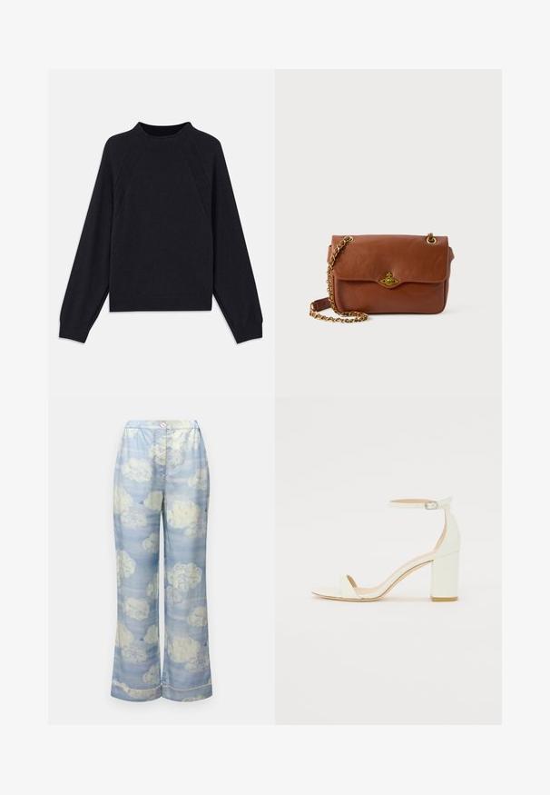 Tamno plavi pulover s okruglim izrezom, dugim raglan rukavima, rebrastim manžetama i ravnim donjim rubom. Izrađen od mekog, teksturiranog pletenog materijala.; Hlače širokih nogavica u nebesko plavoj boji, izrađene od lagane tkanine, s uzorkom oblaka u mekanim bijelim i suptilnim pastelnim tonovima, s elastičnom elastikom u struku.; Bijela kožna sandala na blok petu s remenom oko zapešća i minimalističkim dizajnom. Otvoreni nos i glatke teksture kroz cijelu obuću.; Smeđi kožni torbica preko tijela s preklopnim zatvaranjem, zlatnim hardverom i lancem za remen. Glatka tekstura, pravokutni oblik, minimalni detalji.; Cvjetna traka za glavu napravljena od bijelih latica s tankom, fleksibilnom trakom. Latice su meke i lagane, stvarajući delikatan, slojevit izgled.