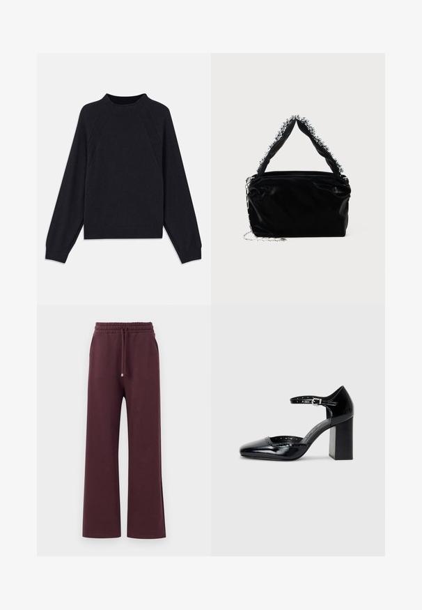Sweater azul marinho escuro com decote redondo, mangas raglan longas, punhos canelados e barra reta. Feito de um material de malha macia e texturizada.; Calças largas bordeaux com cintura elástica, cordão e bolsos laterais. Feitas de um tecido suave e liso com um corte descontraído.; Sapatos de salto alto em pele envernizada preta, com bico quadrado, tira no tornozelo e salto robusto. Inclui detalhes perfurados ao longo da borda.; Bolsa de mão em pele sintética preta com acabamento texturizado, apresentando um detalhe de contas prateadas ao longo da alça superior e uma alça de corrente.