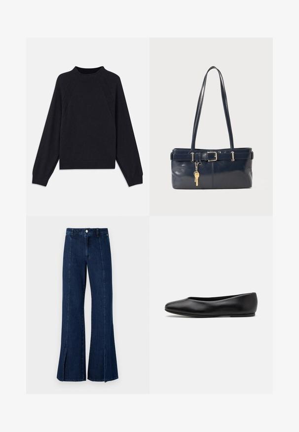 Donkerblauwe trui met een ronde halslijn, lange raglanmouwen, geribbelde manchetten en een rechte zoom. Gemaakt van een zachte, gestructureerde breimateriaal.; Wijdvallende denim jeans in donkerblauw, met een hoge taille, een split aan de zoom en een klassieke vijf-pocket ontwerpen met metalen knoopsluiting.; Paul Smith TOPANGA - Ballerina's - black; Marine leren handtas met twee lange hengsels, een gespdetail en een sleutelhanger eraan bevestigd. Heeft een gladde textuur en een rechthoekige vorm.