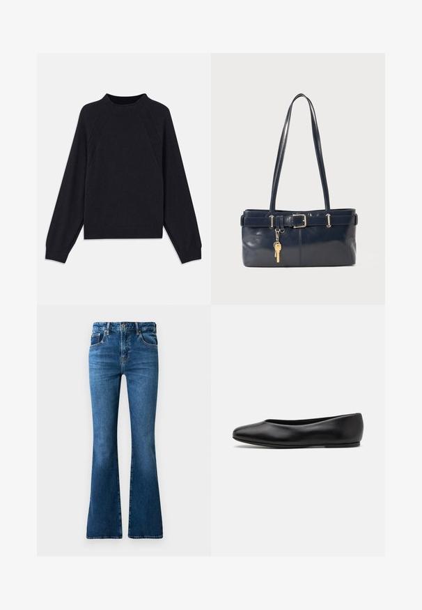 Sweater azul marinho escuro com decote redondo, mangas raglan longas, punhos canelados e barra reta. Feito de um material de malha macia e texturizada.; Jeans de ganga azul fluorescente com cintura média, cinco bolsos, desbotamento subtil e detalhes em costura ao longo das costuras.; Paul Smith TOPANGA - Sabrinas - black; Bolsa de couro azul-marinho com duas alças longas, um detalhe de fivela e um porta-chaves anexado. Apresenta uma textura suave e uma forma retangular.