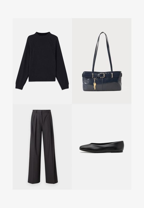 Suéter azul marino oscuro con un escote redondo, mangas largas estilo raglán, puños acanalados y un dobladillo recto. Confeccionado en un material de punto suave y texturizado.; Pantalones de pierna ancha en tejido gris oscuro, con pliegues frontales, una textura suave, una cintura de tiro medio y presillas para cinturón.; Paul Smith TOPANGA - Bailarinas - black; Bolso de mano de cuero navy con dos asas largas, un detalle de hebilla y un llavero adjunto. Presenta una textura suave y una forma rectangular.
