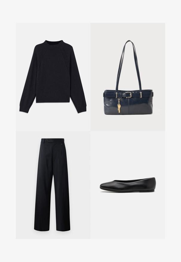 Sweater azul marinho escuro com decote redondo, mangas raglan longas, punhos canelados e barra reta. Feito de um material de malha macia e texturizada.; Calças de perna larga em azul-marinho escuro, com fecho de botão, pregas frontais e um tecido suave com um design limpo e ajustado.; Paul Smith TOPANGA - Sabrinas - black; Bolsa de couro azul-marinho com duas alças longas, um detalhe de fivela e um porta-chaves anexado. Apresenta uma textura suave e uma forma retangular.