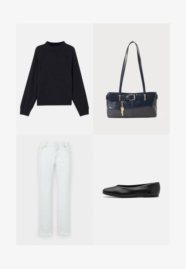 Temno modra majica s krožnim izrezom, dolgimi raglan rokavi, rebrastimi manšetami in ravnim robom. Narejena iz mehke, teksturirane pletene tkanine.; Svetlo modri traper hlače s ravnim krojem, z raztrganim robom, bakrenimi dodatki in obliko s petimi žepi.; Paul Smith TOPANGA - Balerinke - black; Mornarska usnjena torbica z dvema dolgima ročajema, dodatkom z zaponko in pritrjeno ključavnico. Ima gladko teksturo in pravokotno obliko.