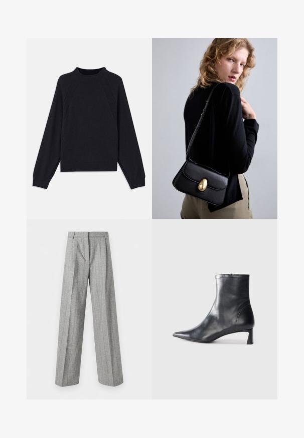 Tume meresinine sviiter ümmarguse kaelusega, pikkade raglanist varrukatega, soonikkoes mansettidega ja sirge äärega. Valmistatud pehmest, tekstuuriga kudumist.; Kõrge vöökoht, hallid püksid, millel on vertikaalsed triibud ja laiad sirged jalad, esitatud valge tausta ees.; Mustad mustall nahkasaabas terava nina ja stiilse disainiga. Omab madalat konts ja luku sulgemist taga. Sile tekstuur.; Mustad musta nahast käekott, millel on kõver kuju, silmapaistva kuldse ovaalse kinnise, reguleeritava rihma ja minimalistliku disainiga.