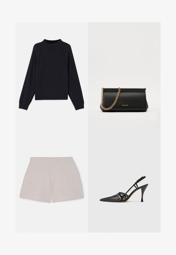 Tmavomodrý sveter s okrúhlym výstrihom, dlhými raglánovými rukávmi, rebrovanými manžetami a rovnom lemom. Vyrobený z mäkkého, textúrovaného pleteného materiálu.; Béžové bavlnené šortky s elastickým pásom a textúrovaným povrchom, so strihom rovnými nohavicami a bez viditeľných vreciek či detailov.; Čierne kožené vysoké podpätkové sandále so špicatou špičkou, krížovým dizajnom popruhu a úzkym stiletto podpätkom. Hladká textúra a minimálne akcenty.; Čierna kožená kabelka s retiazkou zo zlata, so hladkou textúrou, obdĺžnikovým tvarom a embosovaným logom na prednej strane.