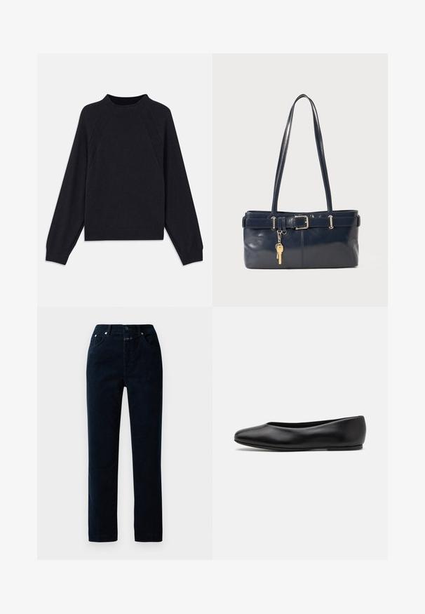 Dark navy sweater with a round neckline, long raglan sleeves, ribbed cuffs, and a straight hem. Made from a soft, textured knit material.; Navy corduroy trousers with a straight leg design, featuring front pockets, a zip-fly, and metal button accents on the waistband.; Paul Smith TOPANGA - Ballet pumps - black; Navy leather handbag with two long handles, a buckle detail, and a keychain attached. Features a smooth texture and a rectangular shape.