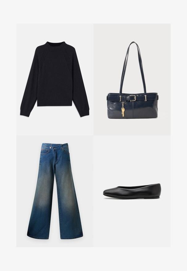 Sweater azul marinho escuro com decote redondo, mangas raglan longas, punhos canelados e barra reta. Feito de um material de malha macia e texturizada.; Jeans de perna larga em azul, feitos de denim, com um acabamento ligeiramente desbotado, costura visível, dois bolsos frontais e fecho com botão.; Paul Smith TOPANGA - Sabrinas - black; Bolsa de couro azul-marinho com duas alças longas, um detalhe de fivela e um porta-chaves anexado. Apresenta uma textura suave e uma forma retangular.