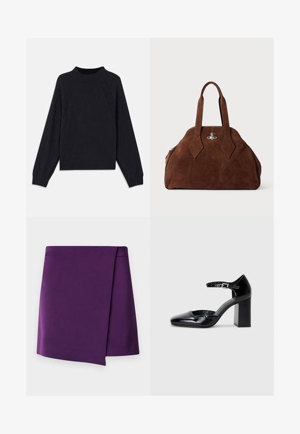 Sötét tengerészkék pulóver kerek nyakkivágással, hosszú raglán ujjal, bordázott mandzsettával és egyenes szegéllyel. Puha, texturált kötött anyagból készült.; Lila mini szoknya sima textúrával, átlós megkötéses dizájnnal és letisztult vonalakkal. Nincs látható fémhardware vagy minta.; Fekete patent bőr, magas sarkú cipők négyzetes orral, bokapánttal és vastag sarkal. A szélén lyukacsos díszítéssel.; Barna velúr kézi táska, strukturált formával, kerek testtel és megnyújtott gyémánt alakú fogantyúkkal. Ezüst színű záródással rendelkezik.