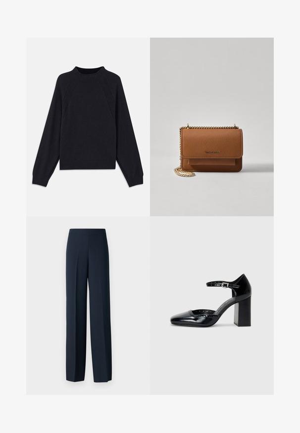 Donkerblauwe trui met een ronde halslijn, lange raglanmouwen, geribbelde manchetten en een rechte zoom. Gemaakt van een zachte, gestructureerde breimateriaal.; Marineblauwe wijde broek met een soepele textuur, vlakke tailleband en geen zichtbare sluitingdetails. Ontworpen voor een ontspannen pasvorm.; Zwarte lakleren hoge hakken met een vierkante neus, enkelbandje en een chunky hak. Inclusief geperforeerde details langs de rand.; Bruine lederen schoudertas met textuur, voorzien van een gouden kettingstrap en klepsluiting. De voorkant heeft een logo-detail en een zak onder de klep.