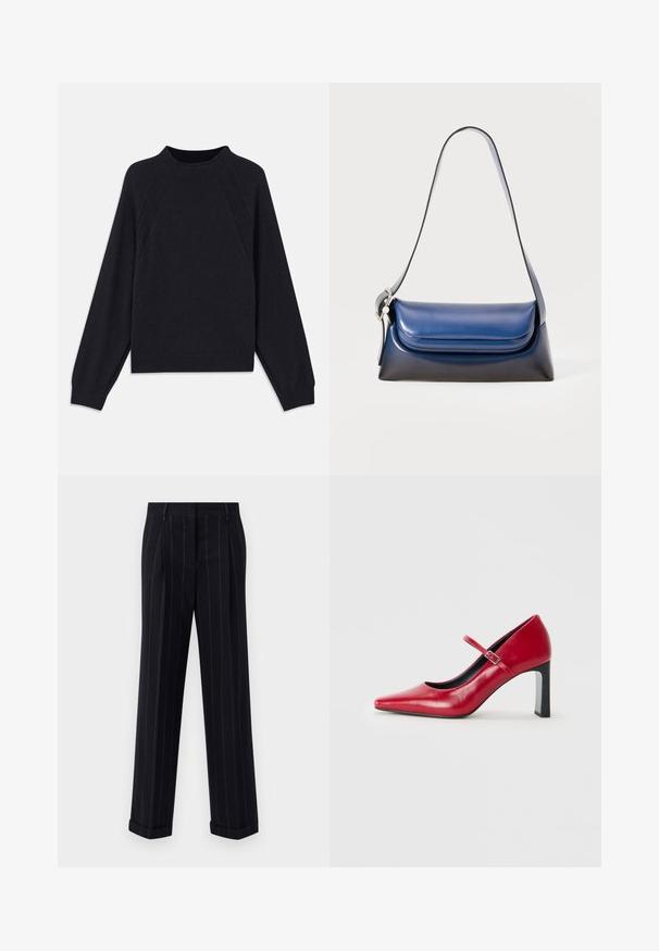 Sötét tengerészkék pulóver kerek nyakkivágással, hosszú raglán ujjal, bordázott mandzsettával és egyenes szegéllyel. Puha, texturált kötött anyagból készült.; Fekete csíkos nadrág, testre szabott fazonnal, cuffolt szegéllyel és elülső redőkkel. Sima anyagból készült, strukturált kialakítással.; Piros hegyes orrú Mary Jane magas sarkú cipő egyetlen pánttal és ezüst csattal, sima fehér háttérrel.; Sötétkék bőr kézitáska sima felülettel, lekerekített formával, hajtott tetejével és egyetlen vállpánttal. Ezüst színű kiegészítőkkel.