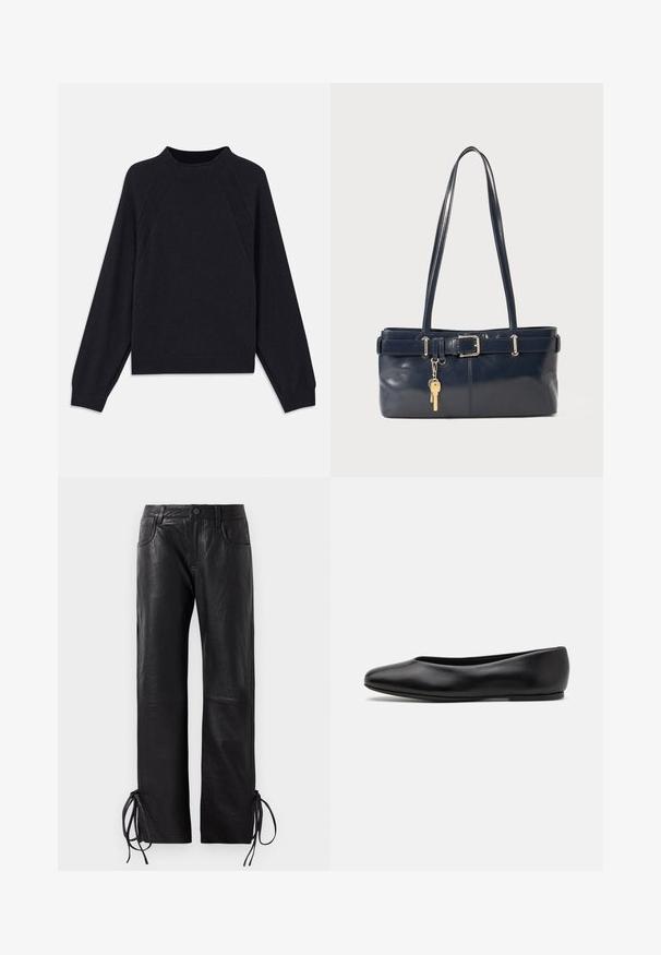 Dark navy sweater with a round neckline, long raglan sleeves, ribbed cuffs, and a straight hem. Made from a soft, textured knit material.; Black leather trousers featuring a slightly textured finish, straight-leg cut, and adjustable laces at the hem for customizable fit.; Paul Smith TOPANGA - Ballet pumps - black; Navy leather handbag with two long handles, a buckle detail, and a keychain attached. Features a smooth texture and a rectangular shape.