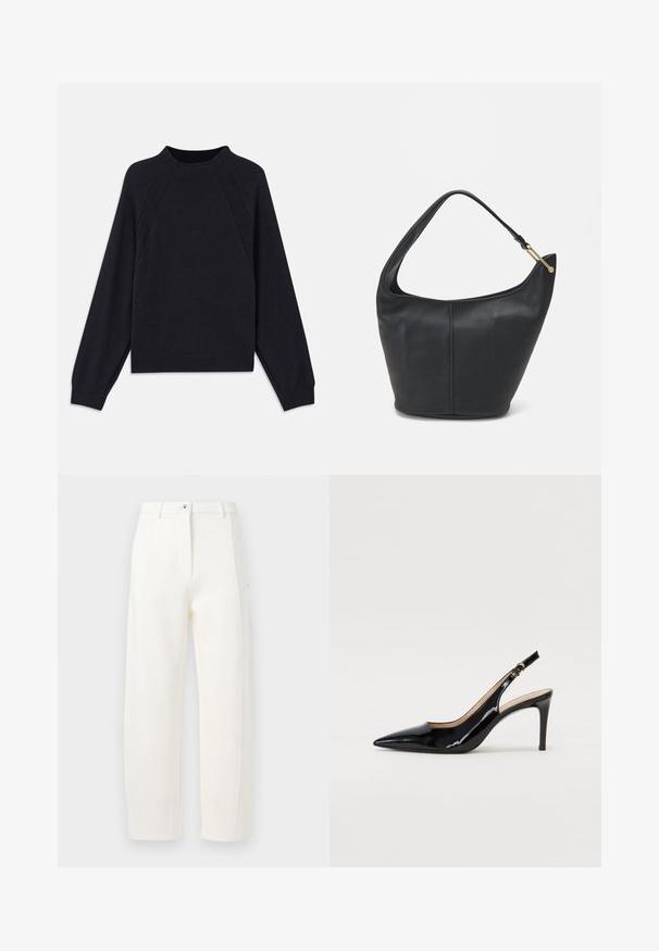 Tmavomodrý sveter s okrúhlym výstrihom, dlhými raglánovými rukávmi, rebrovanými manžetami a rovnom lemom. Vyrobený z mäkkého, textúrovaného pleteného materiálu.; Biele elegantné nohavice so straight strihom, s prednými záhybmi, zipsom a gombíkovým zapínaním, a bočnými vreckami. Hladká tkanina s matným povrchom.; Čierne lakované kožené slingback lodičky s špicatou špičkou, štíhlým podpätkom a jemným výrezom. Obsahuje zlatú pracku na remienku.; Čierna kožená kabelka zaobleného tvaru, so širokým popruhom a textúrovaným povrchom. Obsahuje jemný šev a zlaté kovanie.