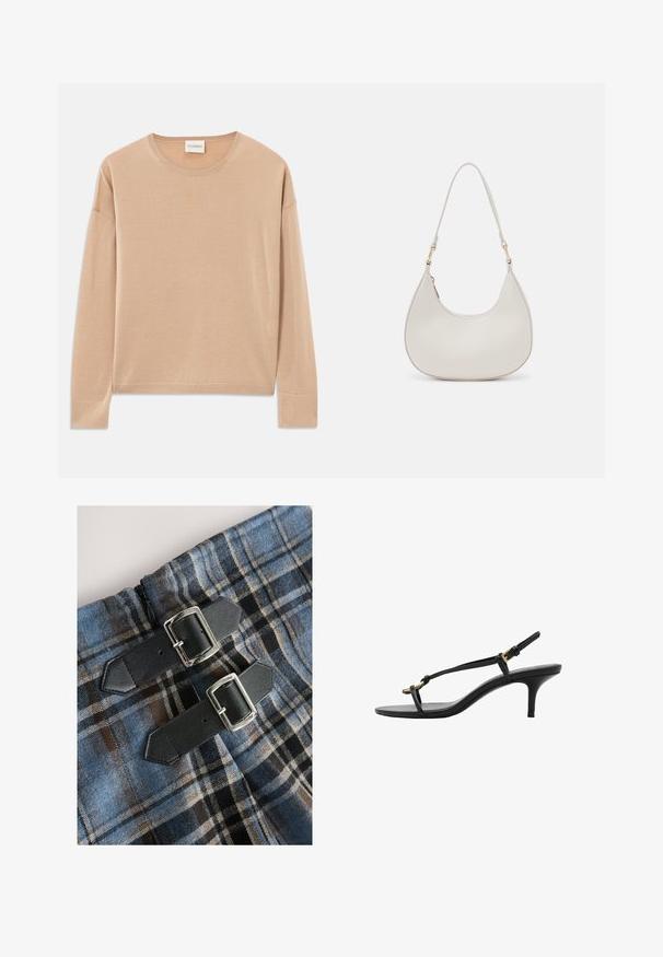 Beige langærmet sweater med rund halsudskæring, afslappet pasform og ribbede detaljer ved ærmer og nederkant. Blød, glat tekstur med minimalistisk design.; Blåt og brunt ternet stof med en blød tekstur, med to sorte læderremme med sølvspænder til lukning. Lynlåse synlige.; Sort læder kitten hæl sandal med tynde stropper, guldspænde og minimalistisk tå løkke på en hvid baggrund.; Cremefarvet læder skuldertaske med en halvmåneform, tynd rem og diskrete syninger. Minimalistisk design med hardware-accenter i guldton.