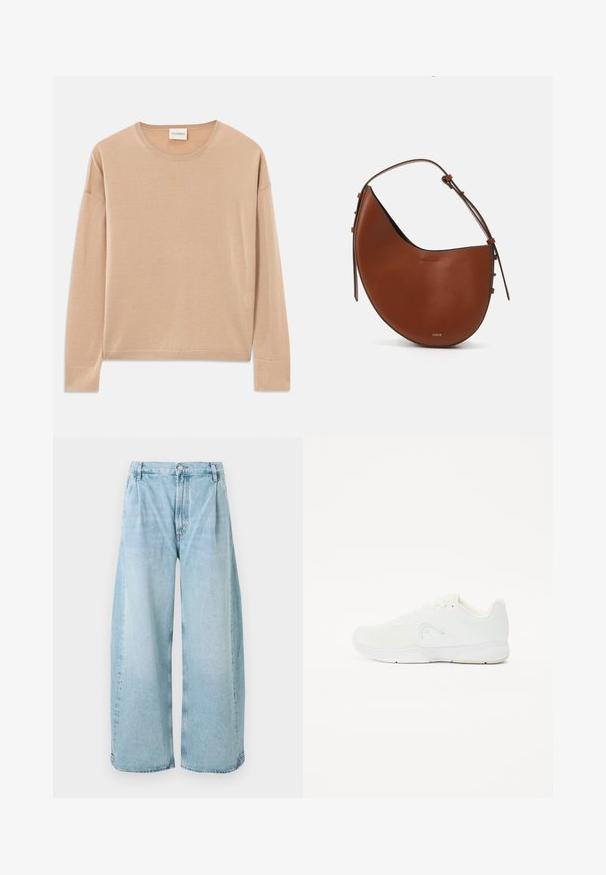 Beige pika pikkade varrukatega sviiter, ümmarguse kaelusega, vabalt seisev ja soonikuga detailidega varrukatel ja allääres. Pehme, sile tekstuur minimaalsete disainielementidega.; Heledad sinine laiad teksapüksid, millel on rippuvad voldid ees, nup closure ja sirged lõpud, neil on kogu ulatuses tuhm tekstuur.; Valge sportlik king, millel on võrkkangas ülemine osa, sidumisdisain, ümar varvas ja tekstuuritud kummist tald minimaalset brändimist.; Pruun nahkne õlavarre kott, millel on poolkuu kuju, kitsas pruun rihm ja disksed kuldse sära aktsendid. Omab siledat tekstuuri ja minimaalset õmblust.