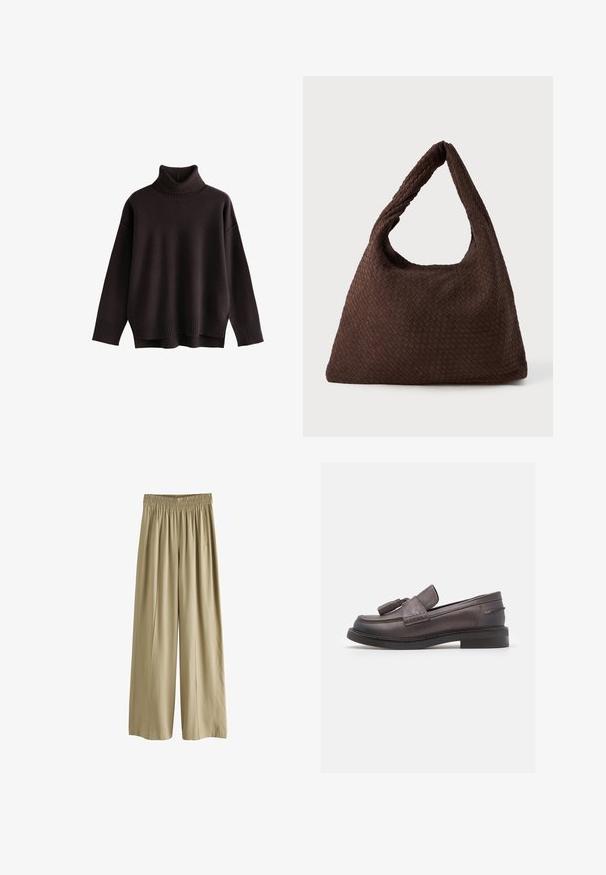 Suéter de cuello alto de color marrón oscuro y corte oversize. Cuello y bajo acanalados con una textura suave. Hombros caídos y ajuste relajado. Sin patrones ni detalles.; Pantalones de pierna ancha beige con cinturilla elástica y bolsillos laterales, hechos de una tela suave y ligera.; Geox SERILDA - Zapatos sin cordones - taupe; Bolso de mimbre marrón con forma relajada, una sola asa en bucle y una superficie texturizada. El diseño presenta un estilo hobo sin hardware adicional.; Diadema acolchada crema con diseño trenzado, acompañada de una camiseta de rayas beige y blanca con cuello redondo. Sutiles acentos de joyería.