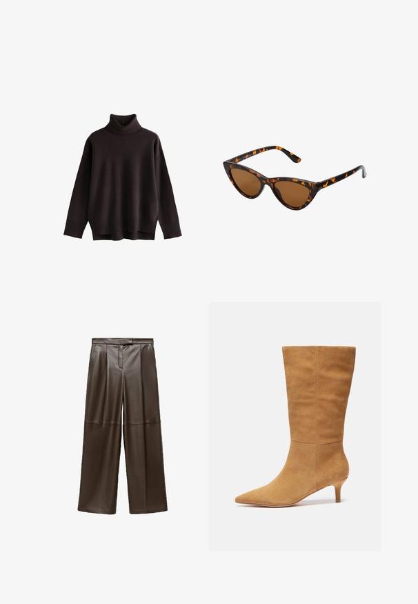 Tamnosmeđi, oversized džemper s visokim ovratom. Rebrasti izrez i rubovi sa mekim teksturom. Spuštena ramena i opušteni kroj. Bez uzoraka ili akcenata.; Smeđe kožne hlače širokog kroja s glatkom teksturom, s nabranim detaljima sprijeda i klasičnim oblikom pojasom.; Zign Čizme - beige; Sunglasses u obliku mačjih očiju s okvirom u crno-narančastom kornjačevom uzorku, smešnim lećama i elegatnim, šiljastim vrhovima. Sadrži minimalni logo na dršci.; Smeđi suede crossbody torba s teksturiranim završetkom, zlatnim lancem kao naglaskom i podesivim kožnim remenom. Ima zatvaranje na patentni zatvarač.