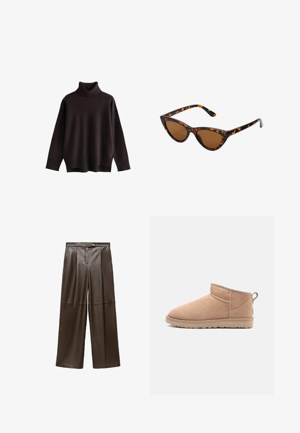 Tumblr ruskea, ylipitkä kauluspaita. Rypistyneet kaula-aukko ja helma pehmeällä pinnalla. Pudotetut olkapäät ja rento leikkaus. Ei kuvioita tai koristeita.; Ruskeat nahkahaalarit, joissa on sileä pinta, etupuolella laskokset ja klassinen vyötärödesign.; Tan suede nilon kaki dengan ujung bulat, tekstur lembut, desain sederhana, dan sol karet profil rendah. Dilengkapi dengan tab tarik di belakang.; Kattöga solglasögon med en svart och orange sköldpaddsmönstrad båge, bruna linser och slanka, spetsiga spetsar. Har en minimal logotyp på skalmen.; Ruskea mokkanahkainen olkalaukku, jossa on teksturoidun pinnan yksityiskohtia, kultaketju korostuksena ja säädettävä nahkahihna. Varustettu vetoketjusuljennalla.