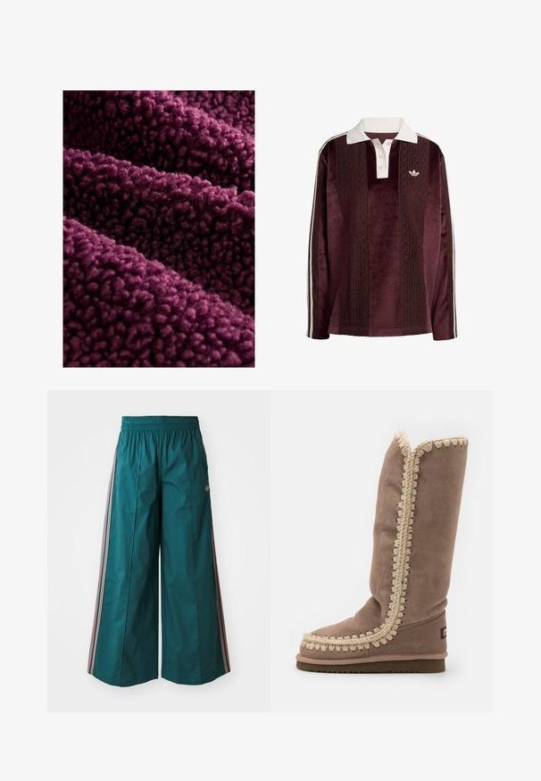 Diep paarse fleece stof met een donzige textuur, met een zachte, gekrulde oppervlakte en een dichte, pluche uitstraling. Meerdere lagen hangen op een natuurlijke manier.; Lange mouwen maroon velours polo shirt met witte kraag, knoopsluiting, getextureerde verticale strepen, Adidas-logo en witte zijstrepen.; Teal wijde broek met een elastische tailleband, voorzien van gestreepte accenten in roze en wit aan de zijkanten, gemaakt van lichte stof.; Hoge bruine suède laars met complexe beige stiksels langs de rand, ronde neus en een vlakke zool. Eenvoudig, gestroomlijnd ontwerp.