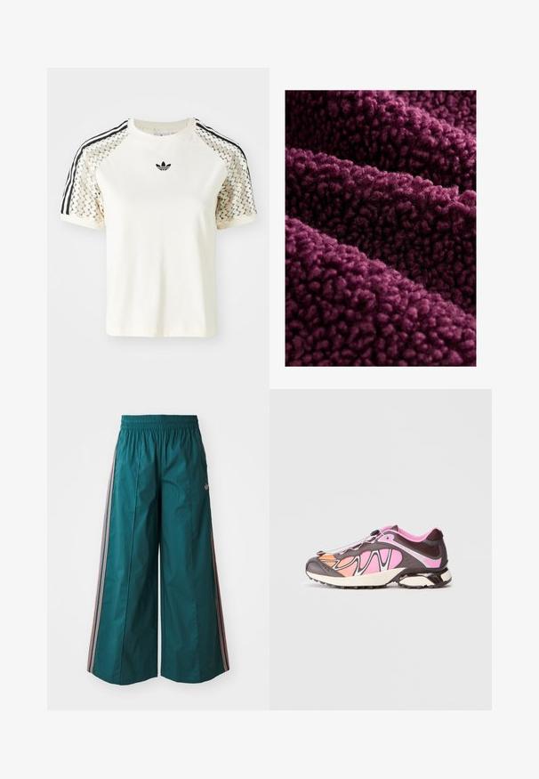 Gili violetinė vilna su pūkuota tekstūra, turinti minkštą, susisukusią paviršių ir tankų, purus jausmą. Daugybė sluoksnių natūraliai krenta.; Kreminė trumpa rankovė marškinė su juodomis juostelėmis ant pečių, su tekstūruotu dizainu ir išsiuvinėtu logotipu ant krūtinės.; Žalios plačios kelnės su elastinga juosta, su išsegamomis rožinėmis ir baltomis juostelėmis šonuose, pagamintos iš lengvos medžiagos.; Sportiniai bateliai, kuriuose derinami tamsiai rudos, rožinės ir oranžinės spalvos. Lygus audinys ir tekstūruoti elementai su juodu užsegimu.