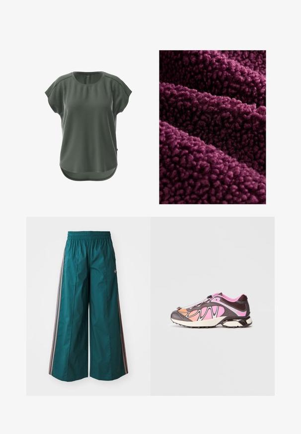 Deep purple fleece fabric with a fluffy texture, featuring a soft, curled surface and a dense, plush feel. Multiple layers drape naturally.; Green short-sleeve top made from a textured material. Features a rounded neckline and a curved hem at the bottom, providing a relaxed fit.; Teal wide-leg trousers with an elastic waistband, featuring striped accents in pink and white on the sides, made from lightweight fabric.; Sport shoe featuring a mix of dark brown, pink, and orange colors. Smooth fabric and textured panels with a black fastening system.