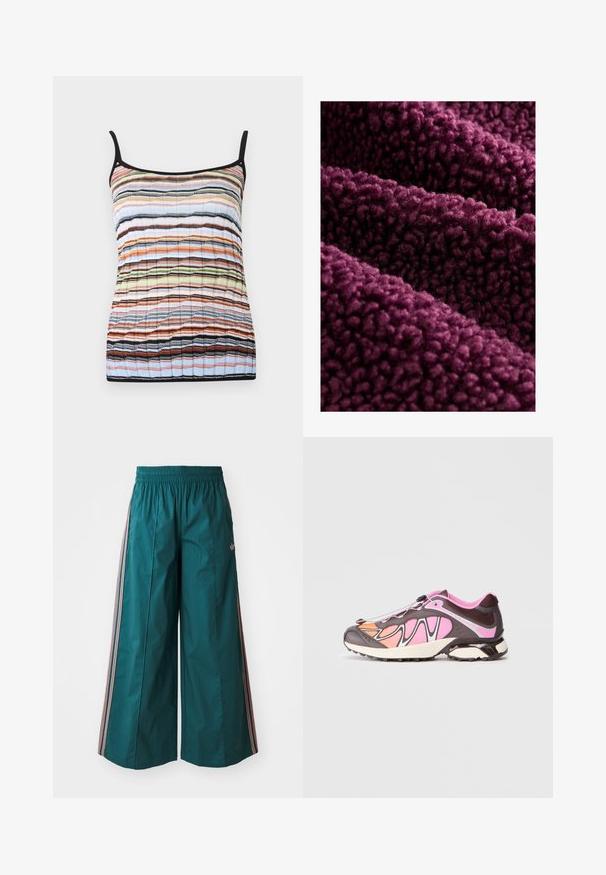 Mélykék lila plüss anyag, bolyhos textúrával, puha, göndör felülettel és sűrű, plüss érzetű tapintással. Több réteg természetesen hullámzik.; Többszínű ujjatlan felső vízszintes csíkokkal narancssárga, kék, zöld és fekete színben. Könnyű anyagból készült, vékony vállpántokkal.; Türkis színű, bő szabású nadrág, elasztikus derékkal, melynek oldalán rózsaszín és fehér csíkos díszítések találhatóak, könnyű anyagból készült.; Sportcipő sötétbarna, rózsaszín és narancssárga színek keverékével. Simává varrott textil és texturált panelek fekete rögzítő rendszerrel.