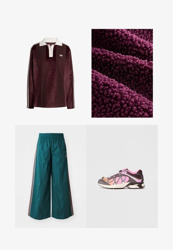 Hluboká fialová fleecová tkanina s načechranou strukturou, která má měkký, zkroucený povrch a hustý, načechraný pocit. Více vrstev se přirozeně skládá.; Dlouhý rukáv burgundské velurové polo tričko s bílým límečkem, zapínáním na knoflíky, texturovanými vertikálními pruhy, logem Adidas a bílými postranními pruhy.; Tyrkysové kalhoty s širokými nohavicemi a elastickým pasem, na bocích se pruhy v růžové a bílé barvě, vyrobené z lehkého materiálu.; Sportovní obuv s kombinací tmavě hnědé, růžové a oranžové barvy. Hladká tkanina a texturované panely s černým upevňovacím systémem.