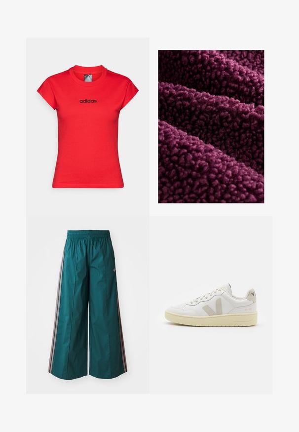 Mélykék lila plüss anyag, bolyhos textúrával, puha, göndör felülettel és sűrű, plüss érzetű tapintással. Több réteg természetesen hullámzik.; Piros, testhezálló pamut póló, felgöngyölt rövid ujjakkal és fekete "adidas" logóval a mellkason. Sima textúrájú, kerek nyakkivágással.; Türkis színű, bő szabású nadrág, elasztikus derékkal, melynek oldalán rózsaszín és fehér csíkos díszítések találhatóak, könnyű anyagból készült.; Fehér bőr sneaker bézs velúr részletekkel, perforált orr résszel, lapos fűzőkkel és textúrált krémszínű talppal. Finom márkajelzés található a sarkán.