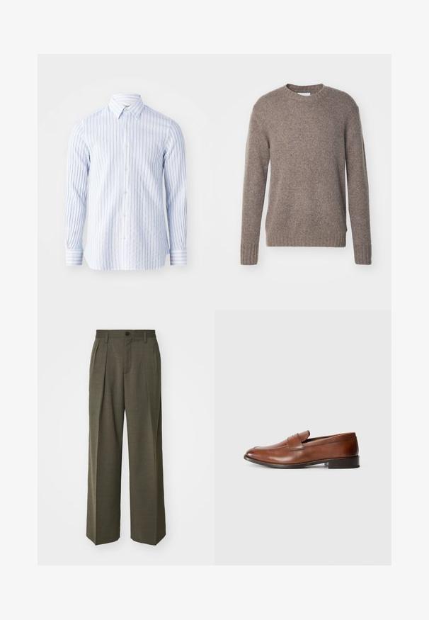 Rjava pletena jopica s krožnim izrezom, dolgimi rokavi ter rebrastimi manšetami in robom, ki se ponaša z mehkobo in teksturirano površino.; Prugasta srajca s gumbom v svetlo modri in beli barvi, z ovratnikom in dolgimi rokavi ter gumbnimi manšetami. Lahka bombažna tkanina.; Filippa K WIDE TROUSERS - Hlače - driftwood; Rjave usnjene loafers čevlje z zaobljenim prstom, minimalnim šivanjem in nizko blok peto. Imajo dekorativen trak čez zgornji del.