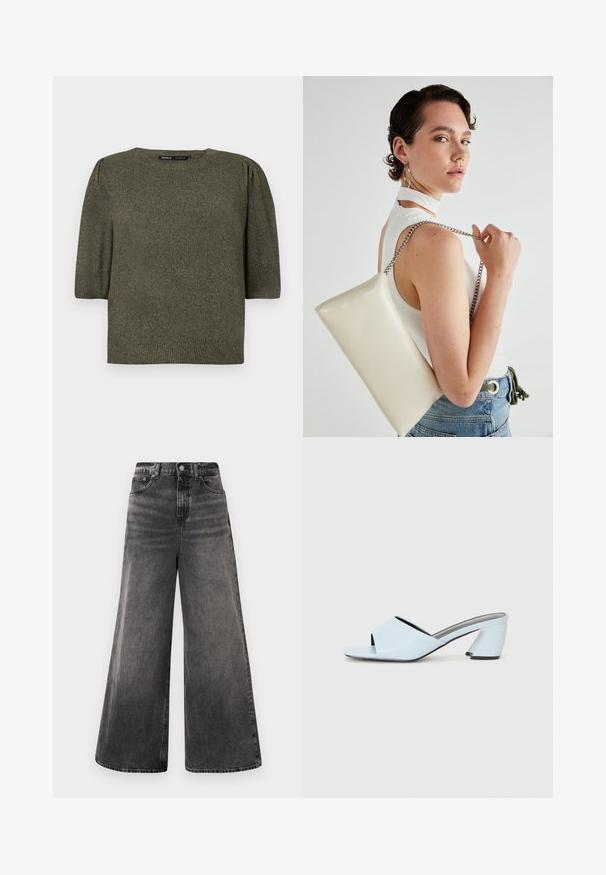 Alyvuogių žalios spalvos megztinis su trumpomis pūkuotomis rankovėmis, apvaliu iškirpimu ir raštuotais kraštais, pasižymintis minkšta tekstūra ir subtiliu blizgesiu.; Plačios juodos džinsinės kelnės su blukinta danga, penkių kišenių dizainu ir mygtuko užsegimu juosmens srityje, su pasiūtais akcentais.; Šviesiai mėlynos atvirų pirštų kulno mules su geometriniu dizainu, turinčios plačią juostą per pėdą ir stambų, kampuotą kulną.; Balta, stačiakampio formos rankinė pagaminta iš blizgaus medžiagos, su sidabriniu virvute. Modelis pozavo, demonstruodamas rankinę prieš paprastą foną.