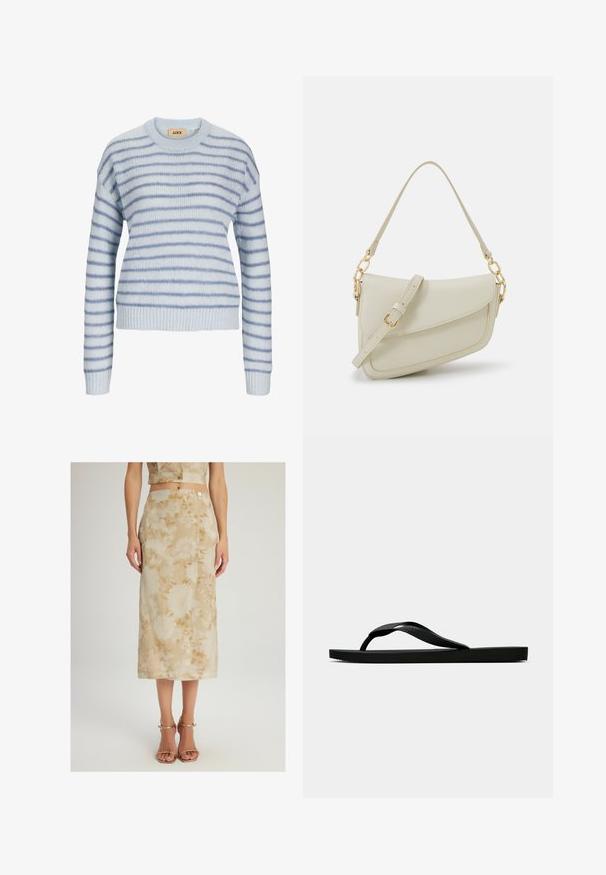 Maglione di un azzurro chiaro lavorato a maglia con strisce orizzontali di un blu più scuro. Presenta un collo rotondo e polsini e orlo a costine. Tessuto morbido.; Gonna floreale beige con dettagli bianchi e dorati; lunghezza al ginocchio, taglio dritto, con bottoni e spacco laterale, realizzata in tessuto leggero.; Infradito in gomma nera con cinturino testurizzato e suola piatta semplice, mostrati di lato su uno sfondo chiaro e uniforme.; Piccola borsa a tracolla crema con finitura testurizzata, una lunga tracolla regolabile, un accento a catena e chiusura a patta. Dettagli in hardware dorato.