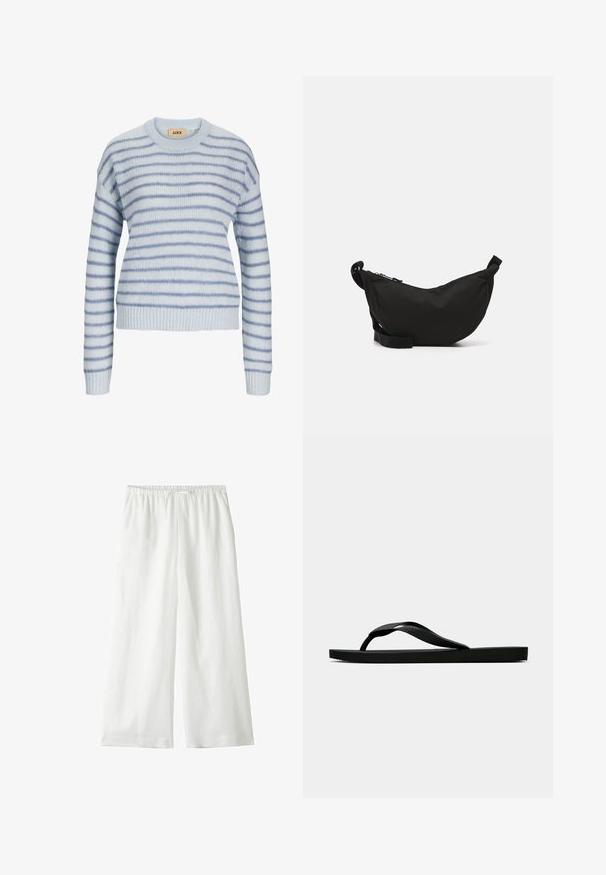 Lichtblauwe gebreide trui met horizontale strepen in donkerder blauw. Met een ronde halslijn en geribde manchetten en zoom. Zachte textuur.; Dobber NATALIA - Broek - white; Zwarte rubberen flip-flop sandaal met een getextureerde strap en een eenvoudige platte zool, zijaanzicht op een effen lichte achtergrond.; Zwarte stoffen schoudertas met een gebogen vorm, ritssluiting, verstelbare schouderband en een klein zijvak voor extra opbergruimte.