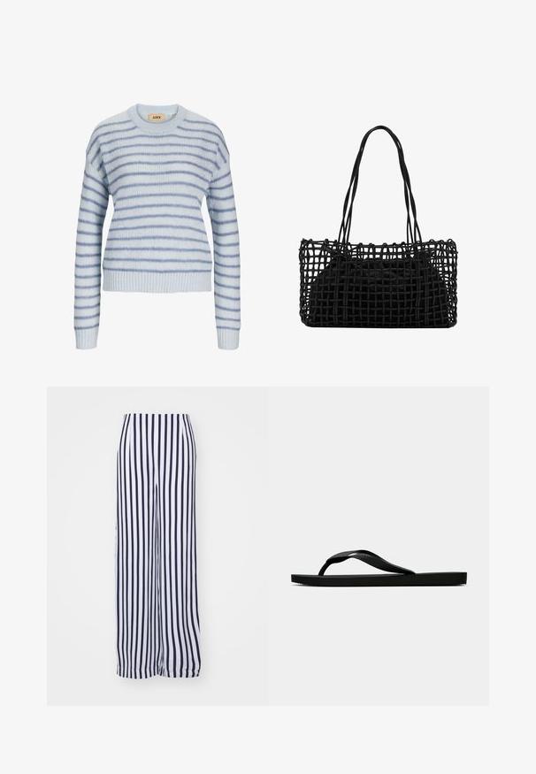 Pull en tricot bleu clair avec des rayures horizontales en bleu plus foncé. Présente un col rond et des poignets et un ourlet côtelés. Texture douce.; Pantalons larges rayés verticalement en blanc et bleu marine. Fabriqués dans un tissu léger avec une texture douce et une ceinture élastique.; Tong sandale en caoutchouc noir avec une bride en T texturée et une semelle plate simple, montrée de côté sur un fond clair.; Sac à main noir en tissage avec un design en mailles ouvertes et deux longues poignées. Dispose d'un sac intérieur noir solide pour le rangement.