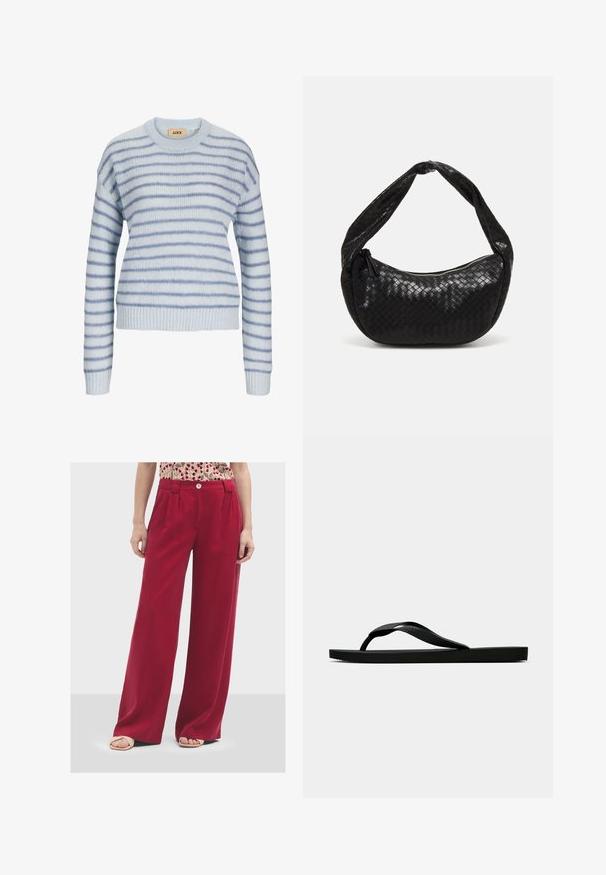 Svijetloplava pletena dukserica s horizontalnim prugama u tamnije plavoj boji. Ima okrugli izrez i rebraste manžetne i rub. Mekana tekstura.; Široke crvene hlače od mekog materijala. Imaju zatvaranje na dugme i nabore sprijeda. Glatka tekstura s ležernim krojem.; Crne gumene japanke s teksturiranim remenom i jednostavnom ravnom potplatom, prikazane s strane na jednostavnoj svijetloj pozadini.; Crna torba od pletene kože s zakrivljenim oblikom, koja ima debelu ručku i zatvaranje na patentni zatvarač. Teksturirana površina s sjajnim završetkom.
