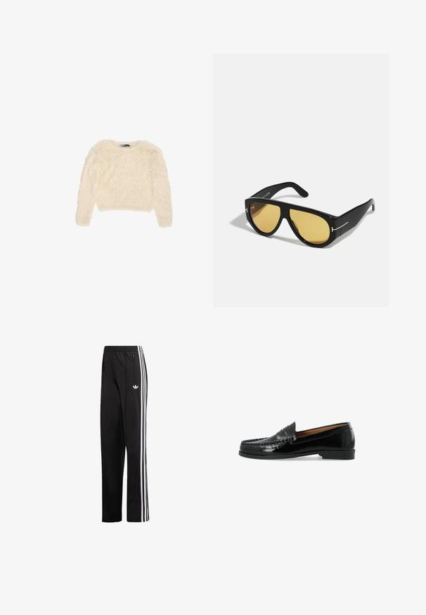 Kermakarvinen lyhyt villapaita, jossa on pehmeä ja pörröinen pinta sekä pitkät hihat. Ominaisuuksiin kuuluu pyöreä kaula-aukko ja rento istuvuus.; Mustat verkkarit, jotka on valmistettu sileästä kankaasta, joissa on valkoiset pystysuorat raidat sivuilla ja pieni logo vasemmassa lonkassa.; Musta nahkainen loafer, joka on kiiltävällä pinnalla, ja siinä on ommeltu koristeellinen nauha sekä litteä kumipohja. Klassinen muotoilu, matala profiili.; Mustat aurinkolasit, joissa on geometrinen kehys, keltaiset linssit ja kultaiset yksityiskohdat ohjaimissa. Liukas rakenne, leveä muoto, nykyaikainen muotoilu.; Ruskea nahkainen käsilaukku, jossa on kaksinkertaiset yläkahvat, irrotettava olkahihna, etupuolen läppä ja laatta, joka osoittaa "Aidosta nahasta". Kulta-toniset varusteet.