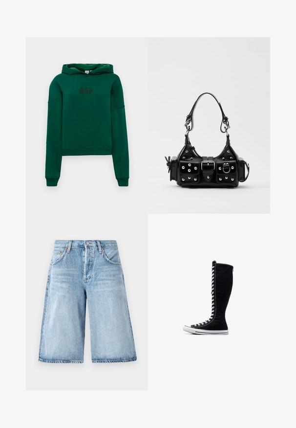 Green hoodie with a kangaroo pocket, ribbed cuffs, and hem. Features "GAP" logo in dark brown on the front. Soft fabric texture.; Light blue denim shorts with a loose fit, featuring a high waist, five-pocket design, and subtle fading on the fabric.; Black high-top sneakers with a tall design, made of canvas. Feature white laces, stitching, and a rubber sole with a toe cap.; Black leather handbag with a curved design, featuring silver studs, a buckle, and two side pockets. Adjustable strap for carrying options.