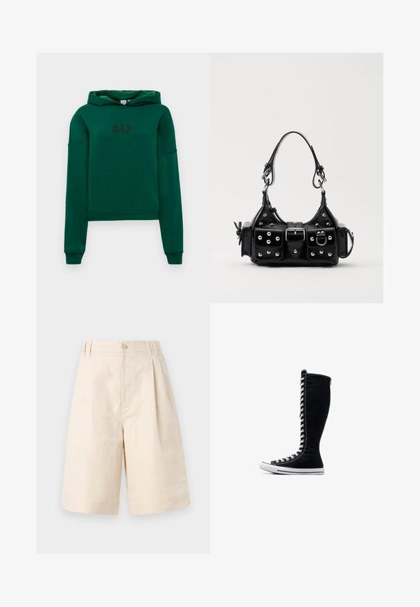 Grøn hoodie med en kængurulomme, ribbede manchetter og kant. Har "GAP" logo i mørkebrun på forsiden. Blød stoftekstur.; Beige linned shorts med en afslappet pasform, med knaplukning, plisseret design og knælang længde. Glat tekstur og enkel stil.; Sorte høje sneakers med et højt design, lavet af kanvas. Har hvide snørebånd, syninger og en gummisål med en tåhætte.; Sort læderhåndtaske med et buet design, prydet med sølvfarvede nitter, en spænde og to sidelommer. Justerbar rem til forskellige bære muligheder.