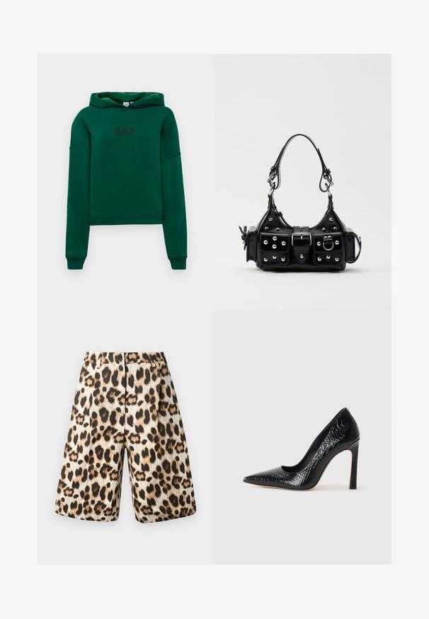 Zelená mikina s kapucí, klokaní kapsou, žebrovanými manžetami a lemem. Na přední straně se nachází logo "GAP" v tmavě hnědé barvě. Měkká textilní struktura.; Kraťasy s leopardím vzorem v kombinaci béžových a černých odstínů, skládací design a boční kapsy. Vyrobeno z hladké látky s lesklým povrchem.; Černý lodičkový bot s špičatou špičkou, pokrytý texturou krokodýlí kůže, s elegantním designem, vysokým stiletto podpatkem a hladkým černým interiérem.; Černá kožená kabelka s křivkovým designem, zdobená stříbrnými hřebíky, s přezkou a dvěma bočními kapsami. Nastavitelný popruh pro různé možnosti nošení.