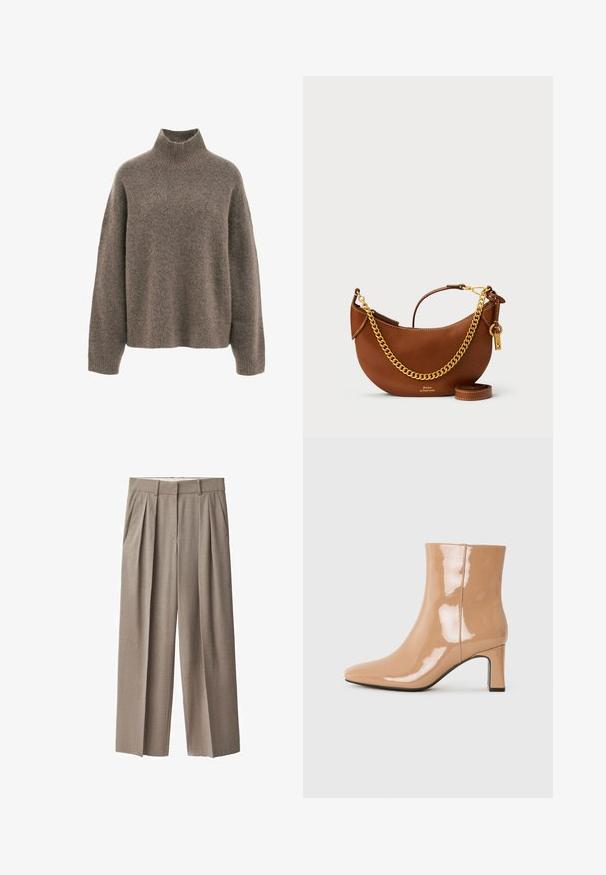 Hnedý chlpatý pletený sveter s vysokým vzorovaným golierom a dlhými rukávmi na bielom pozadí.; Béžové plisované nohavice vyrobené z ľahkej textílie, s vysokým pásom, voľným strihom a dvoma bočnými vreckami. Plochý predný dizajn.; Nahé patentné členkové topánky s špicatou špičkou, lesklým povrchom a stredne vysokým blokovým podpätkom. Hladká textúra a elegantný silueta.; Hnedá kožená kabelka s zakriveným dizajnom, zlatým reťazovým popruhom, vnútornou kapsou a odnímateľným ramenným popruhom. Obsahuje kontrastné švy.; Stradivarius FLORAL - Náhrdelník - beige