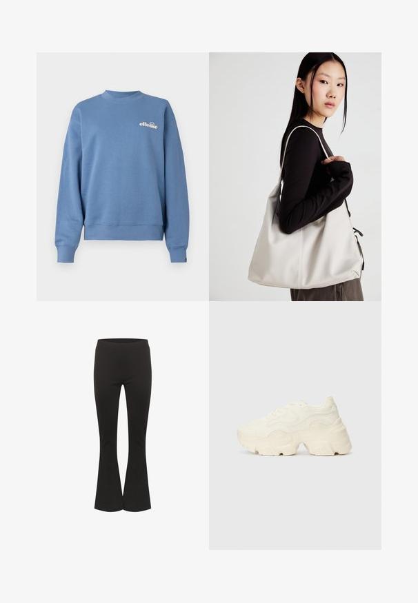 Hanorac albastru fabricat dintr-un material moale, având un guler rotund, manșete ribbate și un logo alb al mărcii pe piept.; Pantaloni negri cu croiala evazata, talie ajustata si tesatura neteda, prezentati vertical pe un fundal alb.; Tenisi albi voluminoși, fabricați din plasă texturată și materiale sintetice, cu o talpă groasă și detalii de model intricate pe laturi.; Geantă bej din material moale, cu un design lejer, detalii cusute și două bretele pentru umăr. Potrivită pentru utilizarea zilnică.