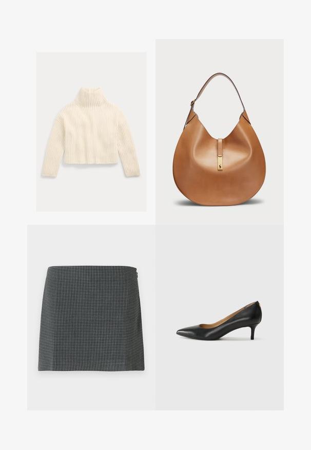 Polo Ralph Lauren RIB WOOL-CASHMERE FUNNELNECK SWEATER - Jersey de punto - authentic cream; Falda de cuadros en blanco y negro, fabricada con un tejido de textura suave. Presenta una silueta recta y cierre lateral con cremallera.; Zapato de tacón negro de cuero con punta afilada, tacón bajo y textura suave. Presenta una ligera apertura en la parte frontal y un hardware minimalista en la parte trasera.; Bolso de mano de cuero marrón claro con forma curva y una amplia correa para el hombro. Presenta un acento de metal dorado en el centro y una textura suave.