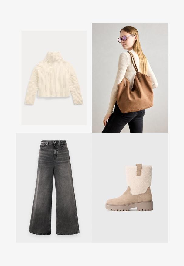 Polo Ralph Lauren RIB WOOL-CASHMERE FUNNELNECK SWEATER - Strikkegenser - authentic cream; Bredde ben svarte denim jeans med falmet vask, fem-lommers design og knappelukking i livet, med sømdetaljer.; Mellomhøy beige semsket støvel med tykk gummisåle, fôr av saueskinn og trekktab på nøytral grå bakgrunn.; Brun semsketotebag med myk tekstur, stor åpning og lange stropper. Har et enkelt design med synlig søm og uten maskinvare.