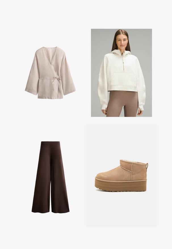 lululemon SCUBA OVERSIZED HALF-ZIP - Huppari - heathered bone gold; Beige liinaan käärekos on V-kaula-aukko, leveät hihat ja solmittava kiinnitys vyötäröllä. Pintakuvioitu kangas, jossa on hienovarainen kuviointi.; Ruske leve široke hlače iz mehkega materiala, z visokim pasom, subtilno teksturo in fluidno silhueto brez vidnih zapiranj ali okraskov.; Beige mokasiinit nilkkakengät, joissa on pehmeä sisus, alustalla ja takana vetoluukku, joka helpottaa pukemista. Pintakuvioitu kumipohja.